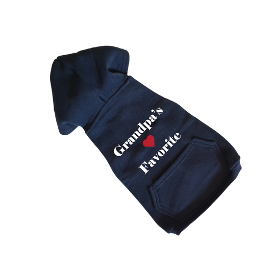 Navy blue dog hoodie with 'Grandpa's Favorite' text and red heart on a white background
