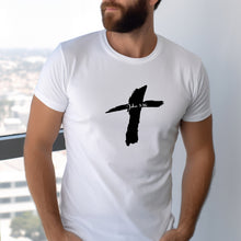 Load image into Gallery viewer, White unisex t-shirt with a black cross and John 3:16 inside the cross
