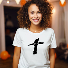 Load image into Gallery viewer, White t-shirt with a black cross and John 3:16 inside the cross
