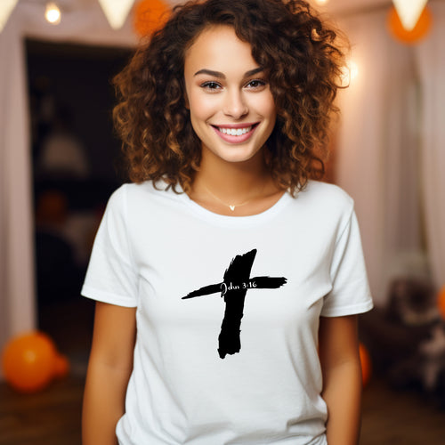 White t-shirt with a black cross and John 3:16 inside the cross