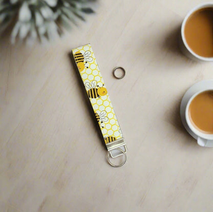 Wristlet Keychain. Yellow fabric with bumblebee print