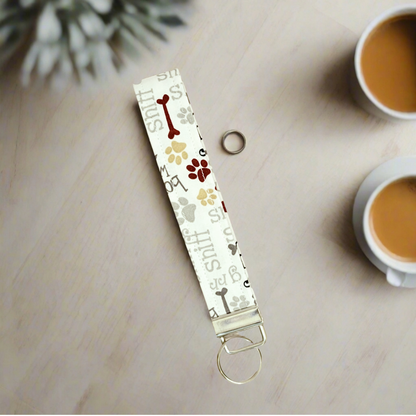 Keychain Wristlet with Paw prints, dog bones, and dog phrases