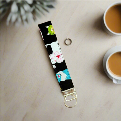 Wristlet Keychain. Black fabric with dog Cat design